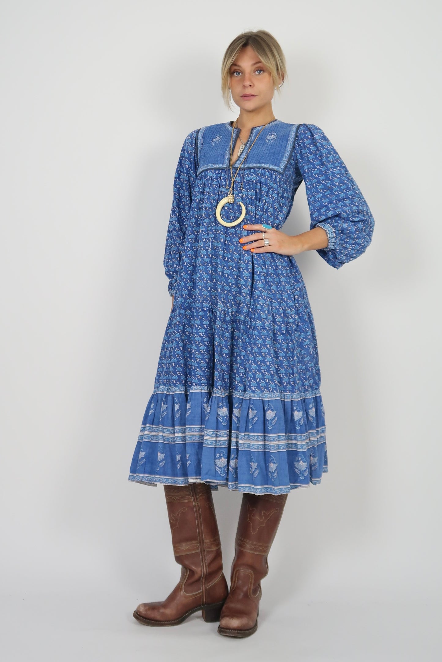 1970s blue block print dress