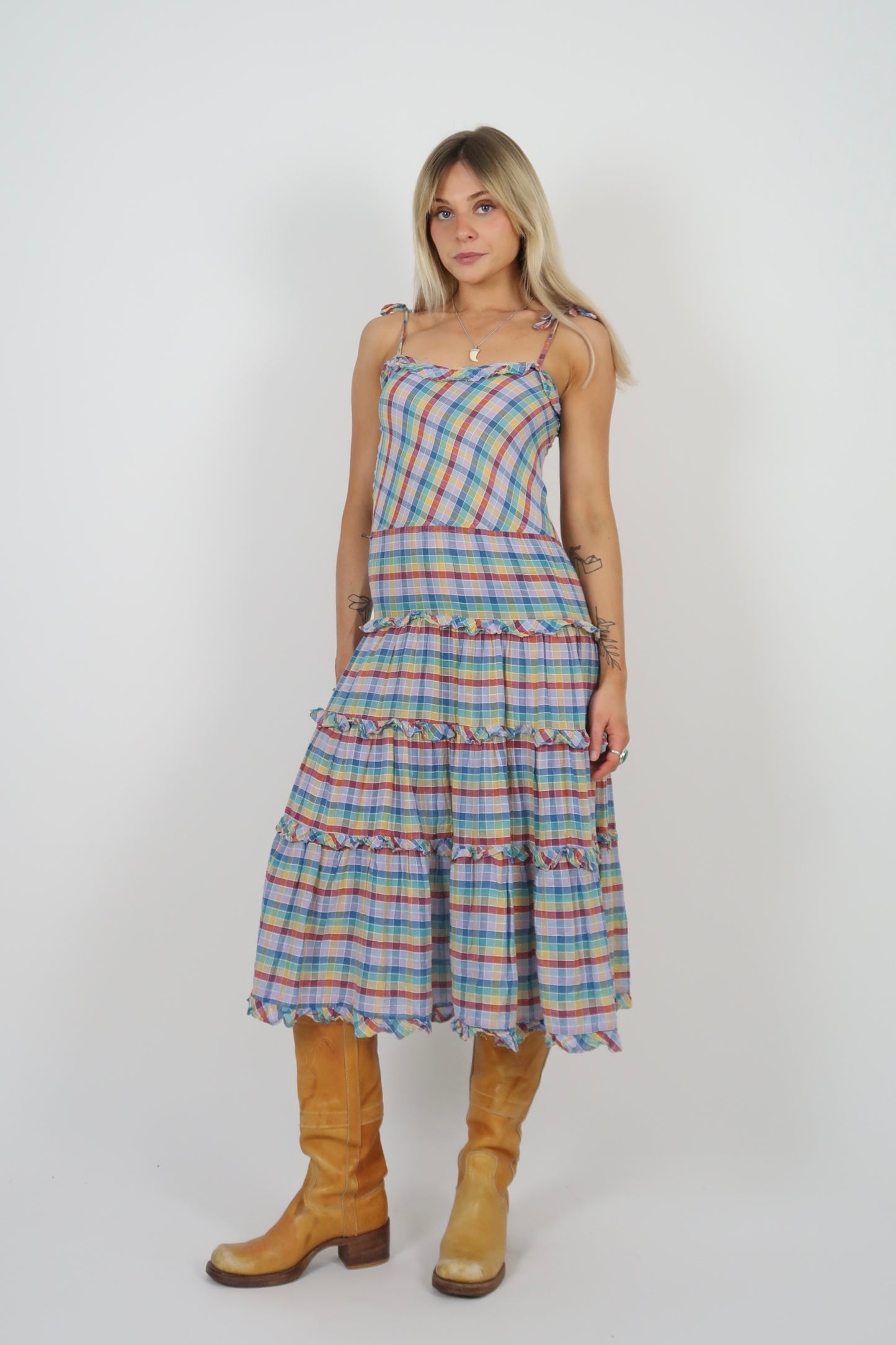 1960s rainbow plaid cotton midi dress