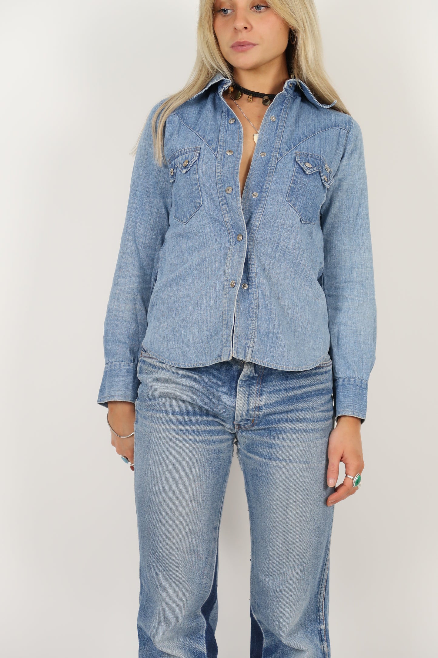 1970s Gul and Bla pearl snap denim shirt