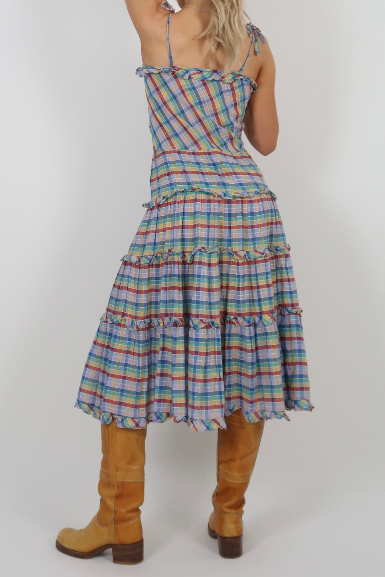 1960s rainbow plaid cotton midi dress