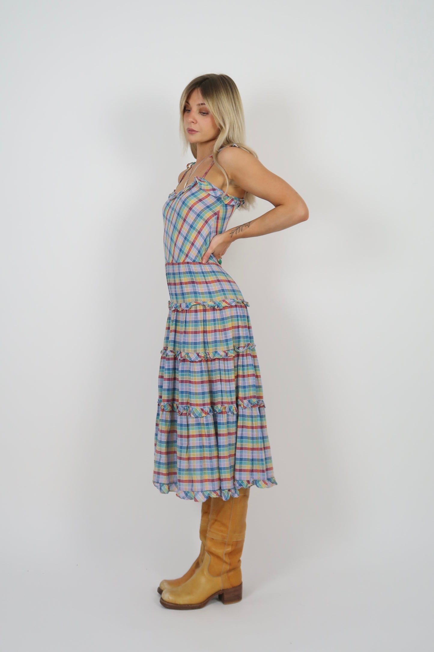 1960s rainbow plaid cotton midi dress