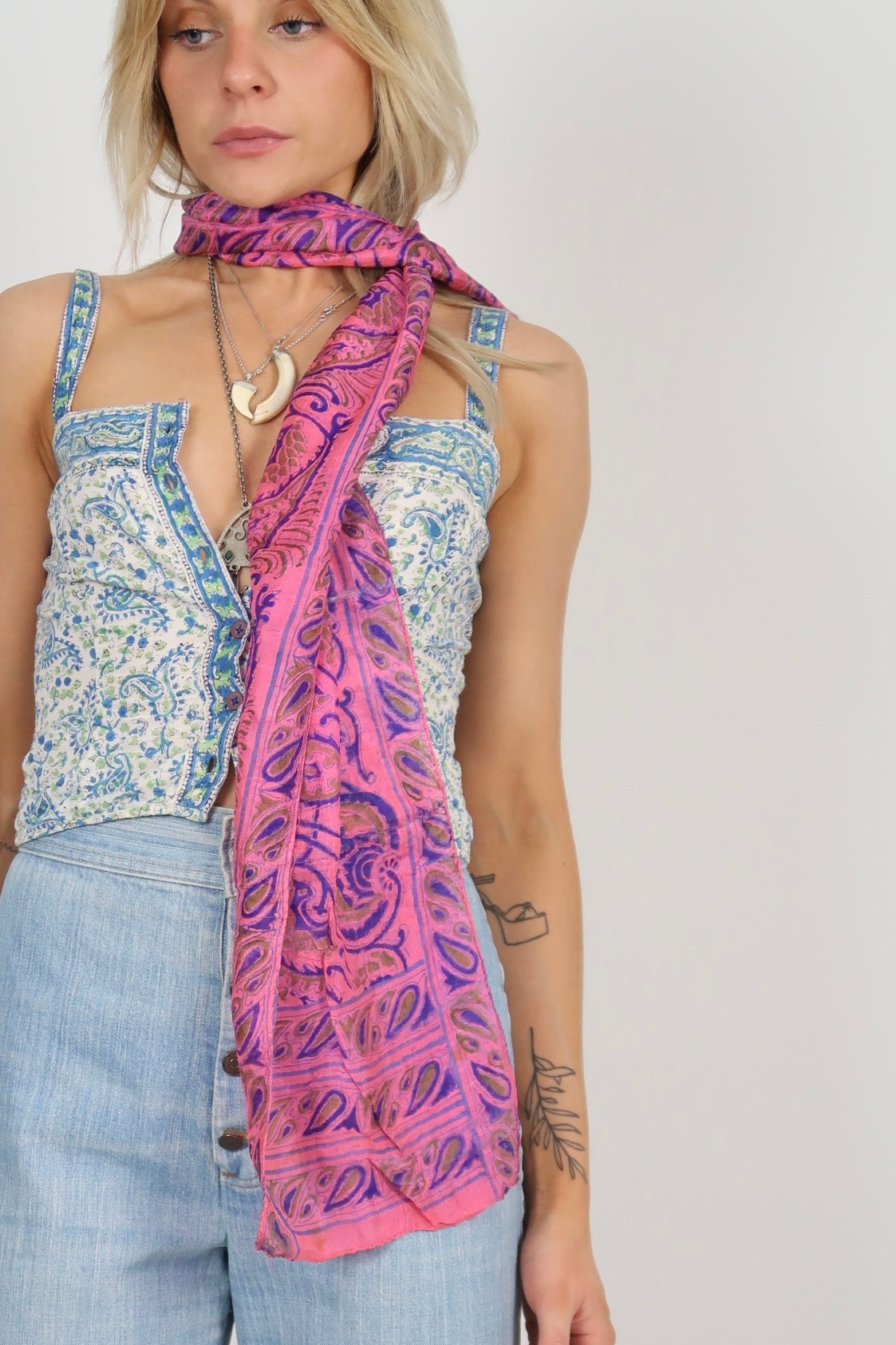 60s Indian silk scarf neon pink