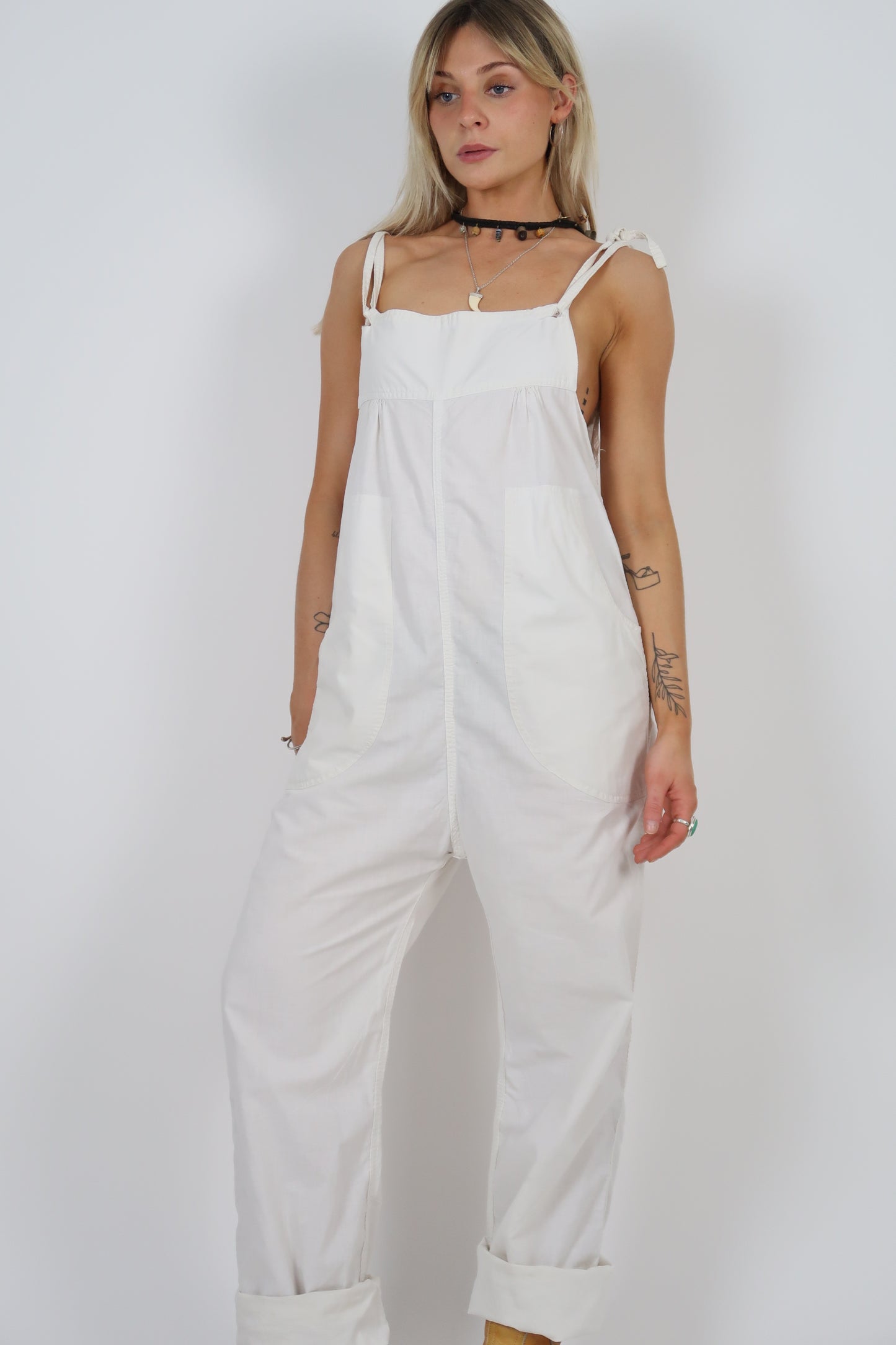 70s white cotton overalls