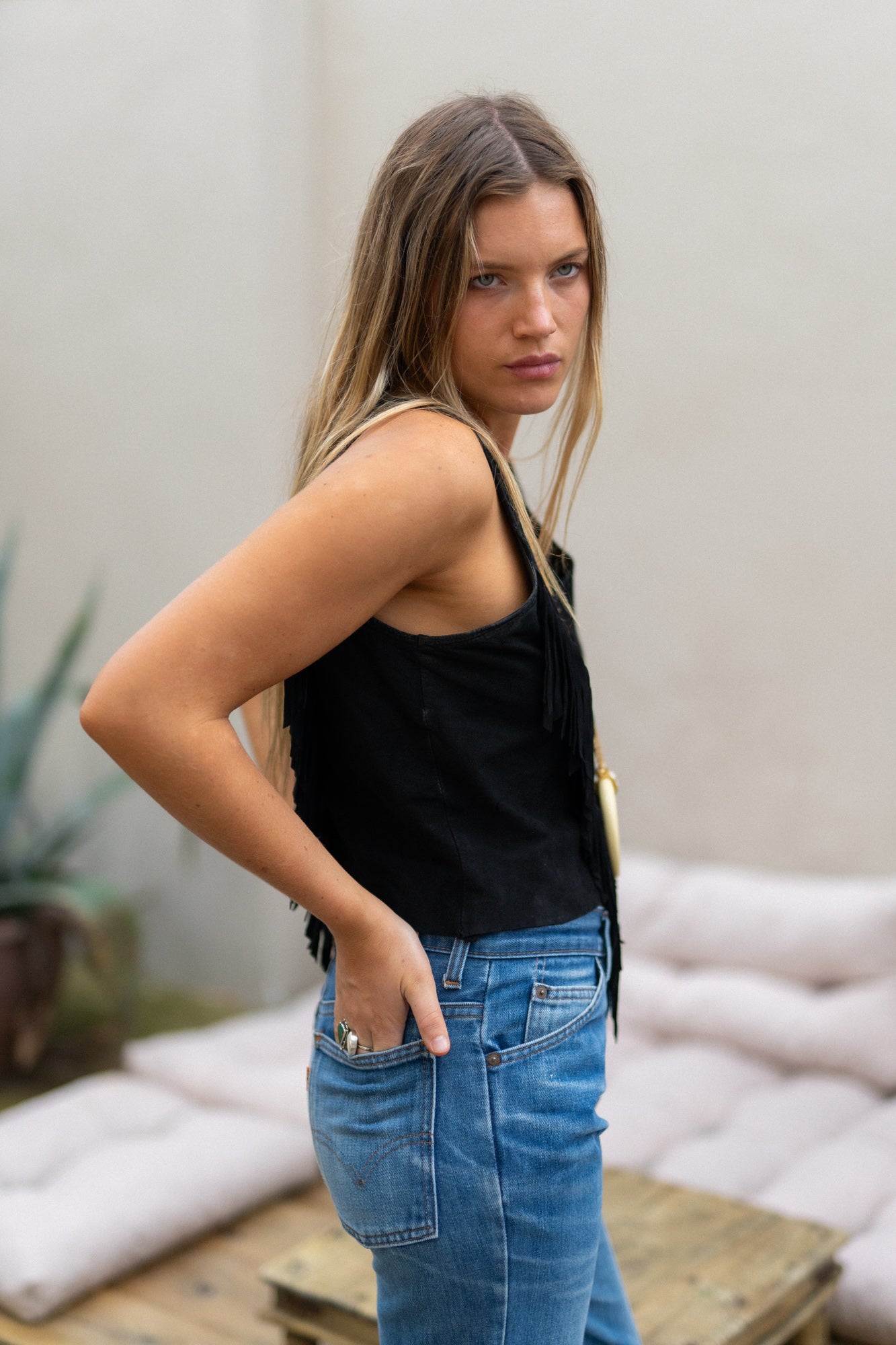 BLACK SUEDE FRINGE TOP