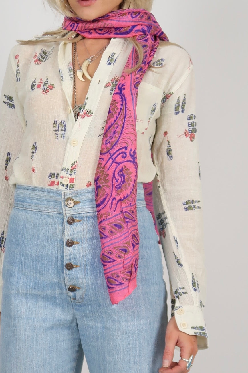 60s Indian silk scarf neon pink