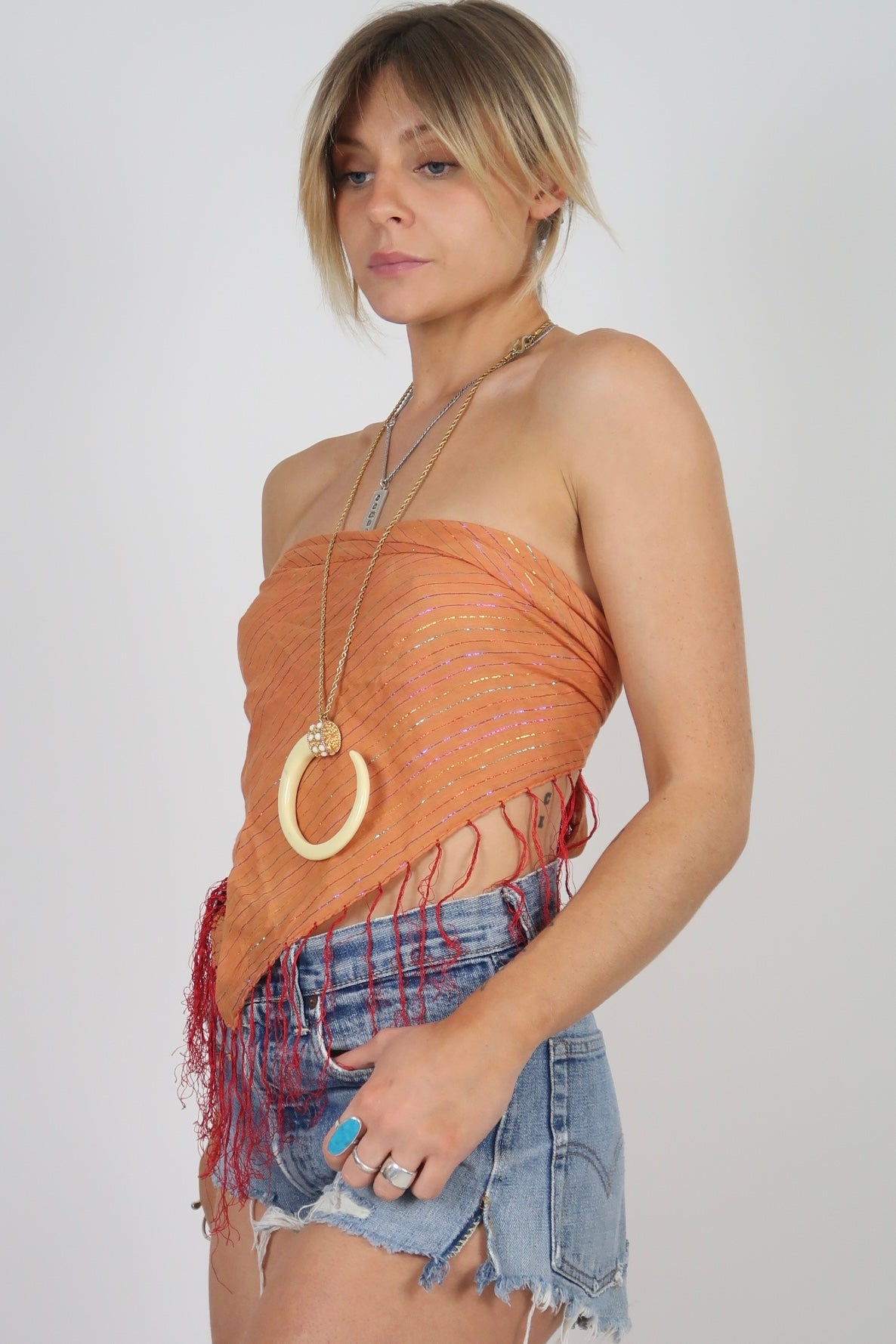 1970s indian orange lurex cotton scarf