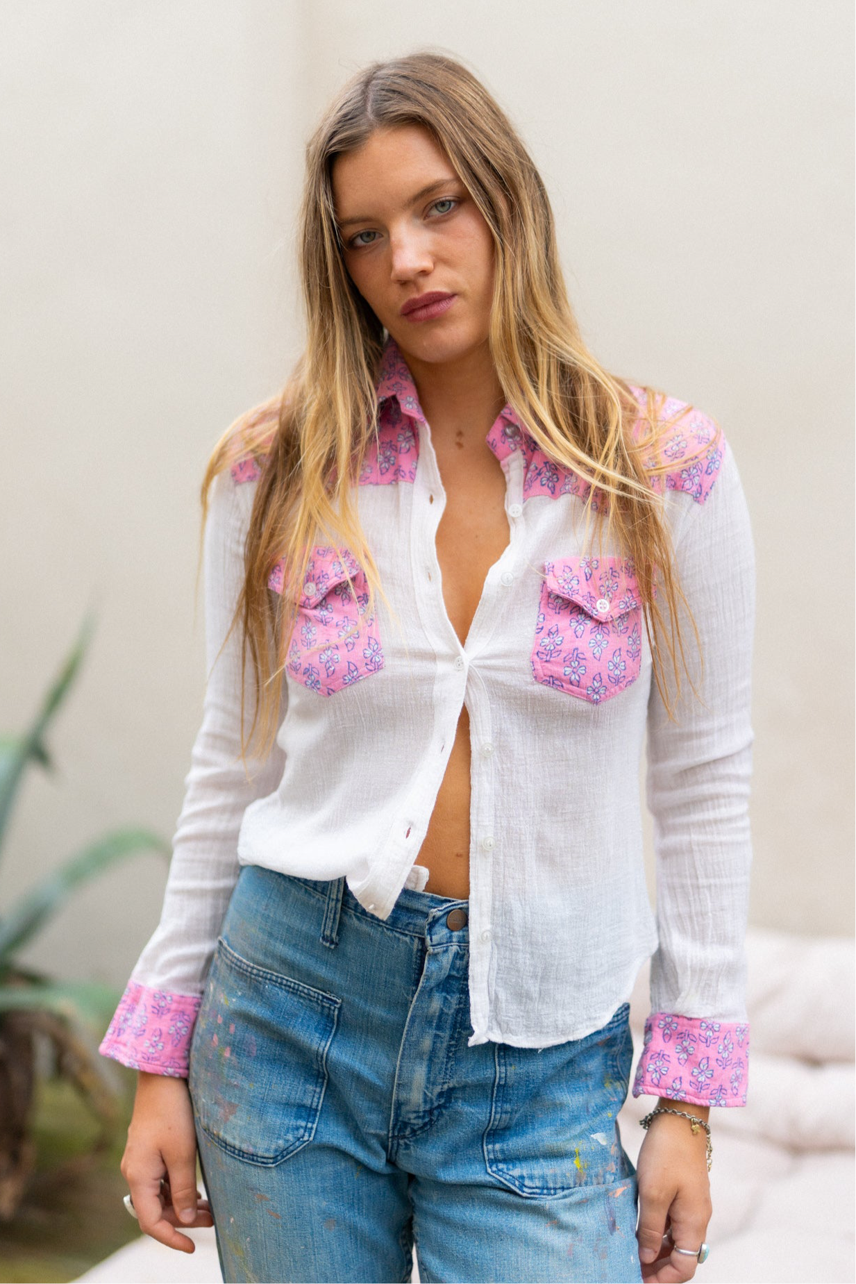 PINK BLOCK PRINT CHEESECLOTH SHIRT