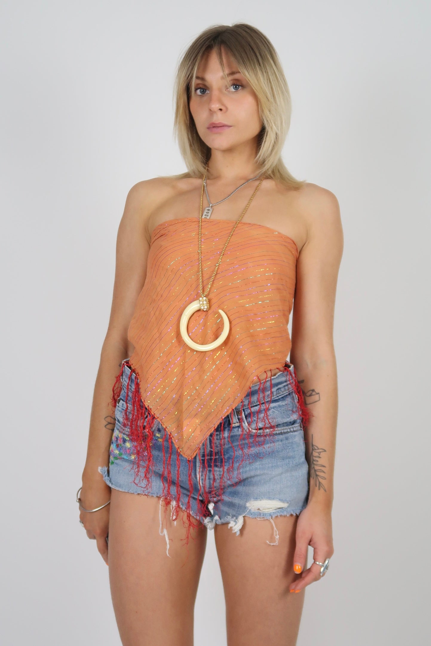 1970s indian orange lurex cotton scarf