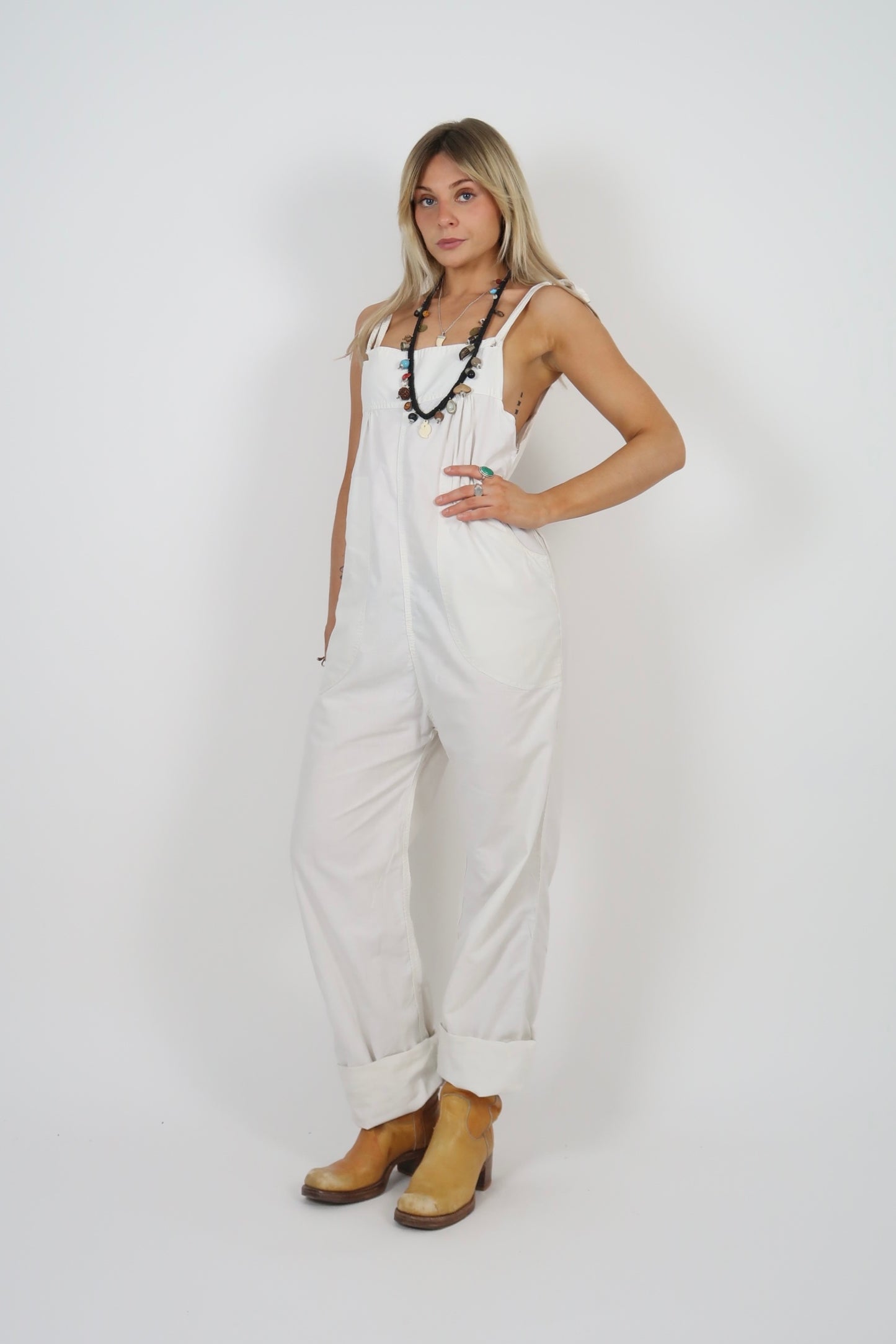 70s white cotton overalls