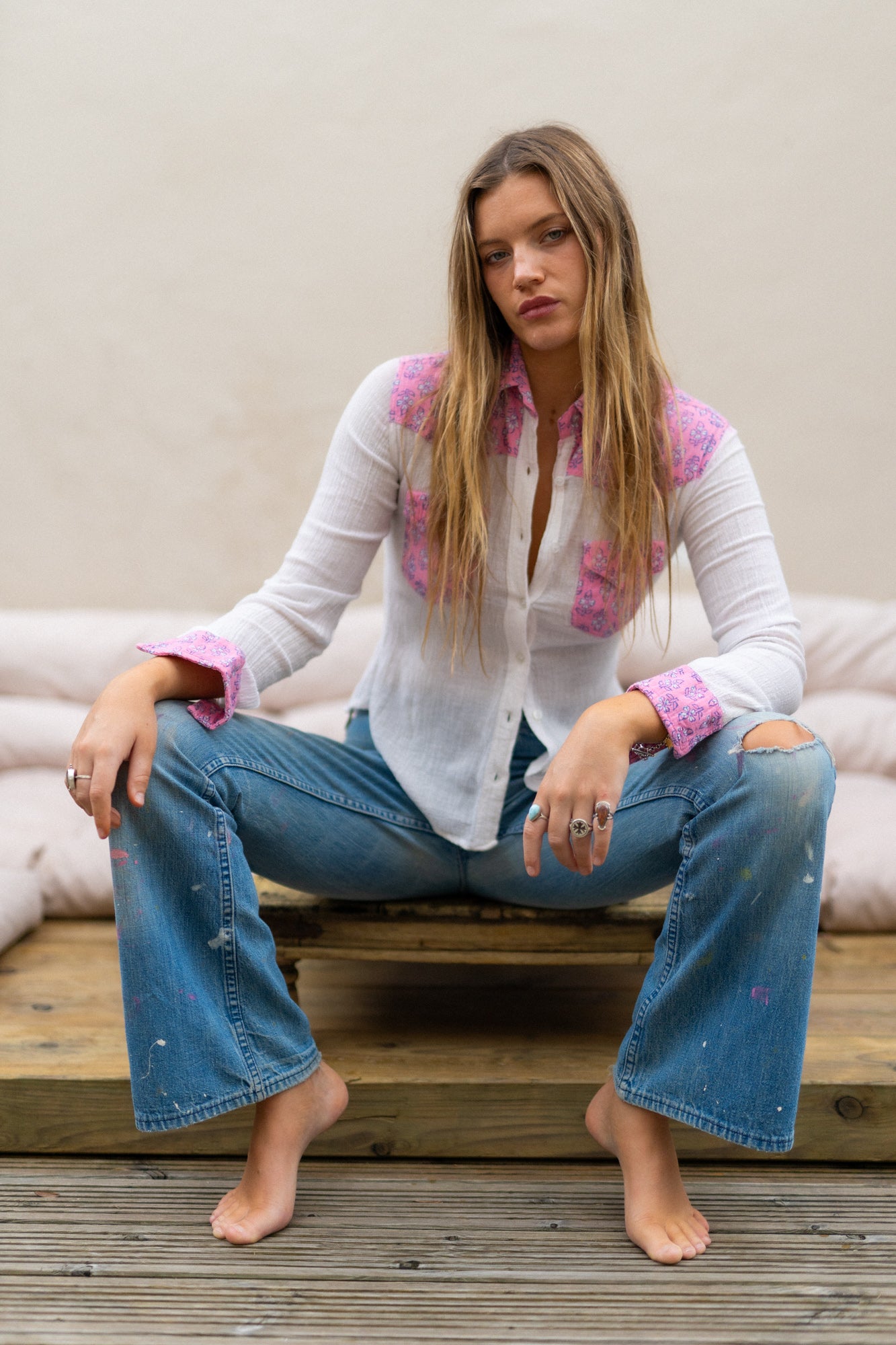 PINK BLOCK PRINT CHEESECLOTH SHIRT