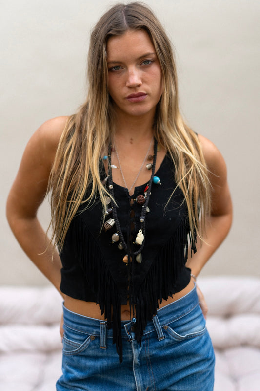 BLACK SUEDE FRINGE TOP