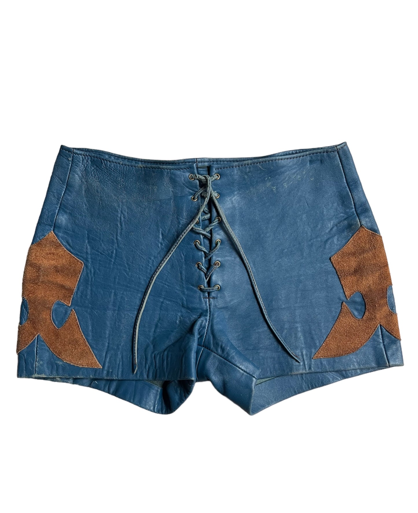1970s blue leather hot pant shorts