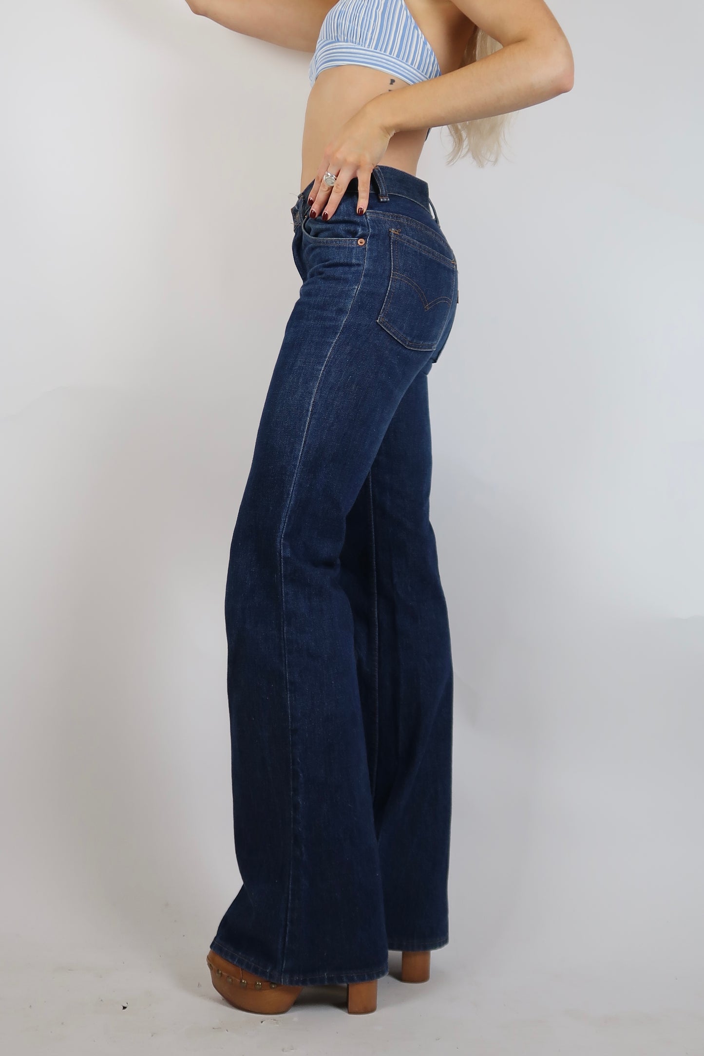 1970s Orange tab dark wash flare jeans