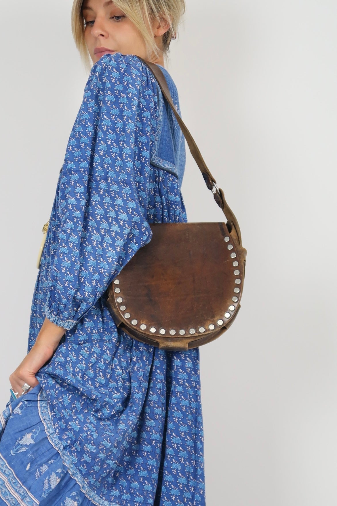 1970s tooled leather bag with studs