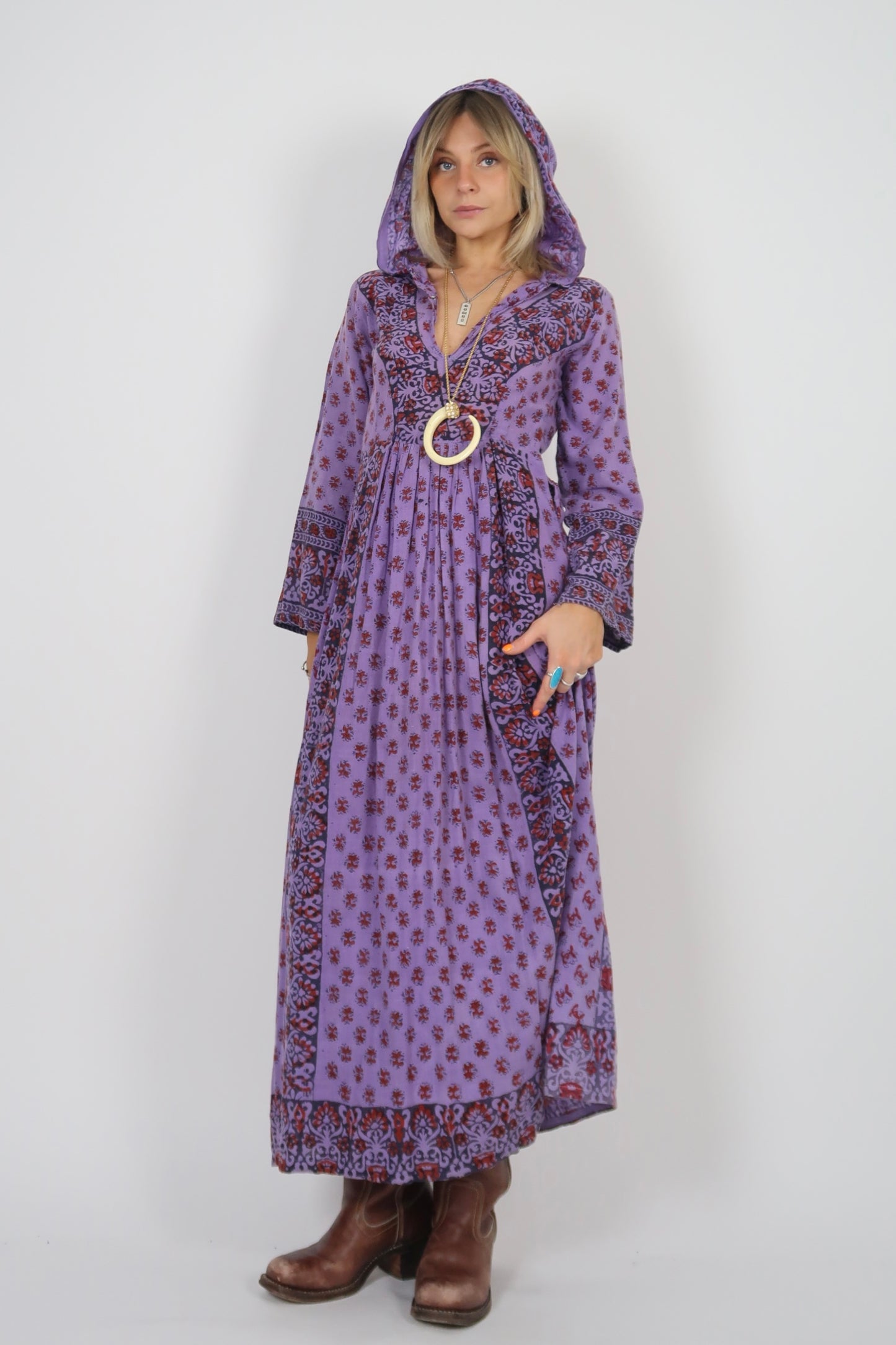 1960s hippie hooded kaftan dress purple