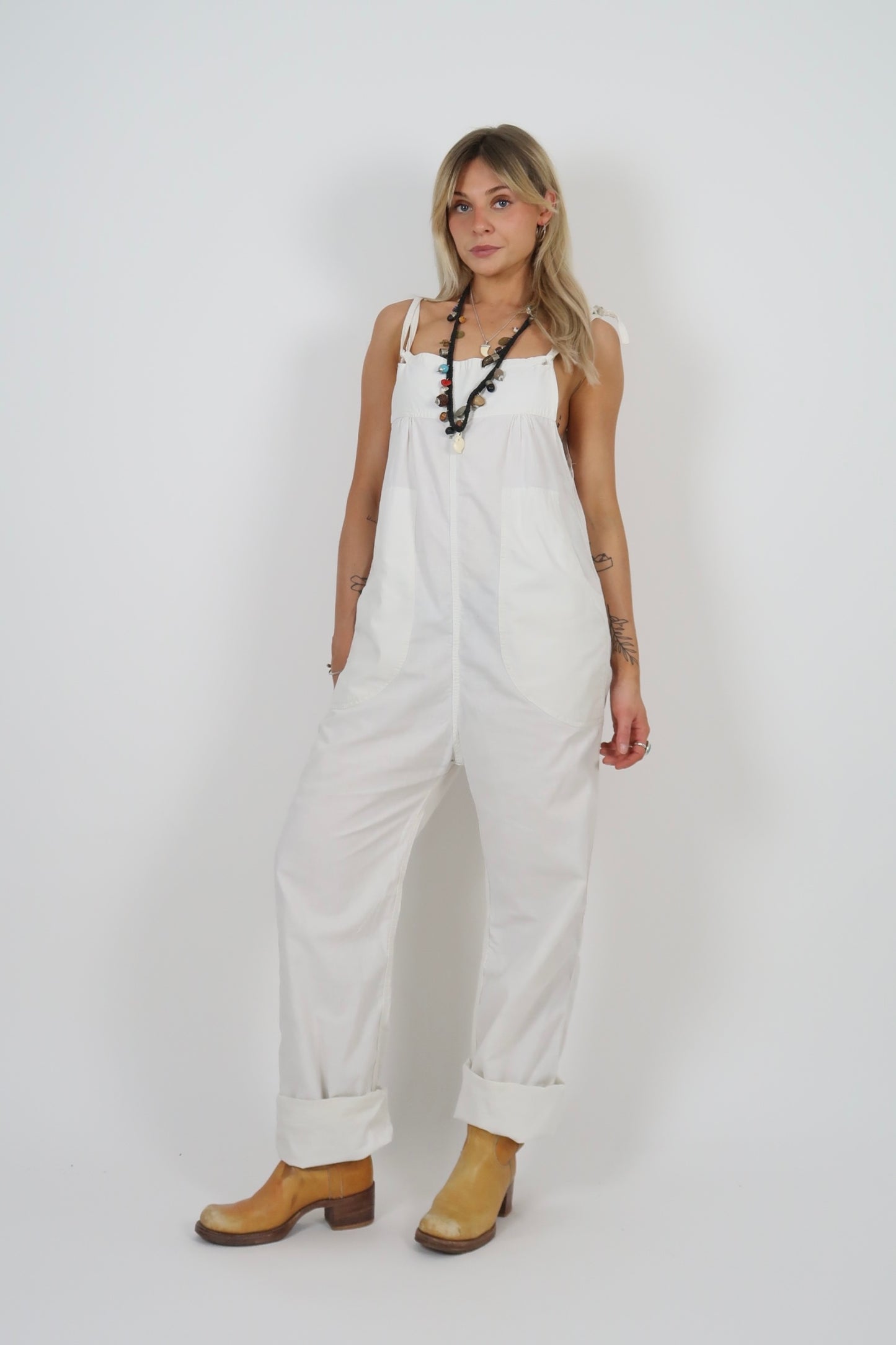 70s white cotton overalls