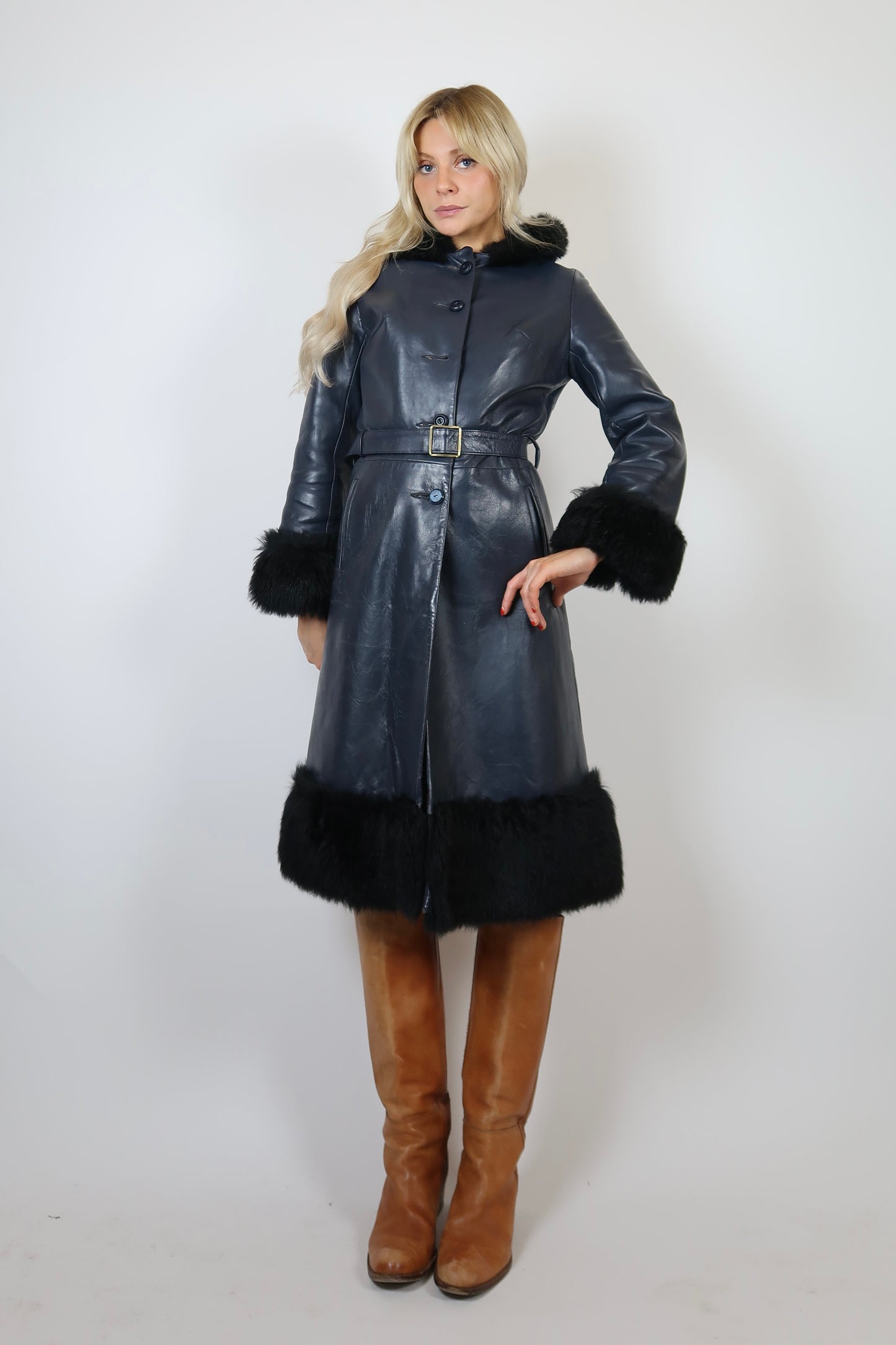 1960s blue leather hooded coat