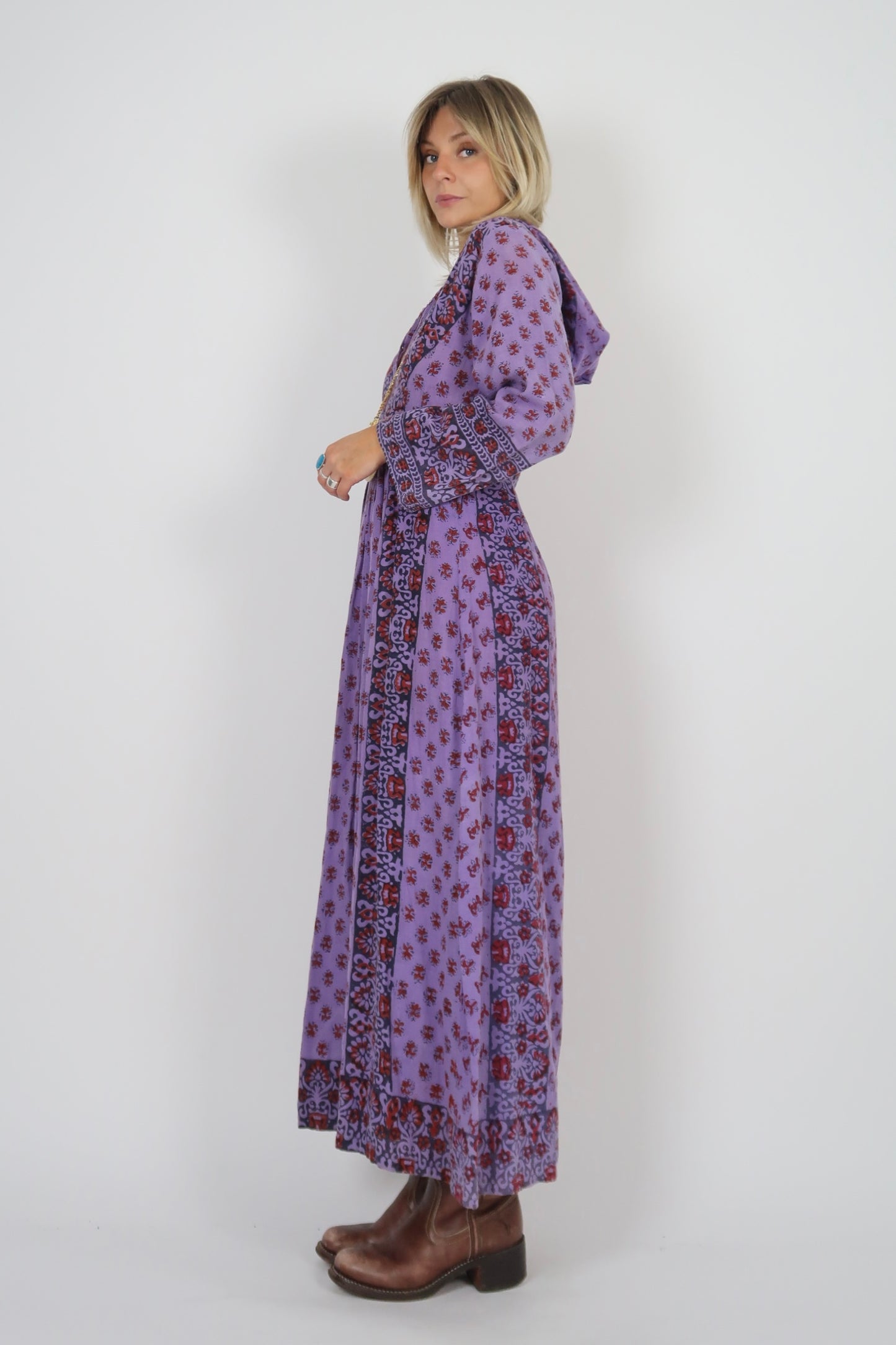1960s hippie hooded kaftan dress purple