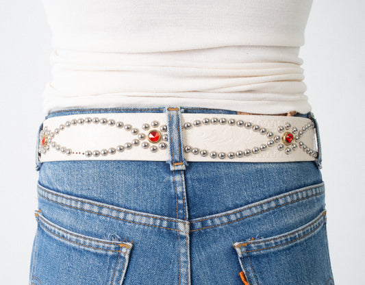 STUDDED LEATHER BELT WHITE