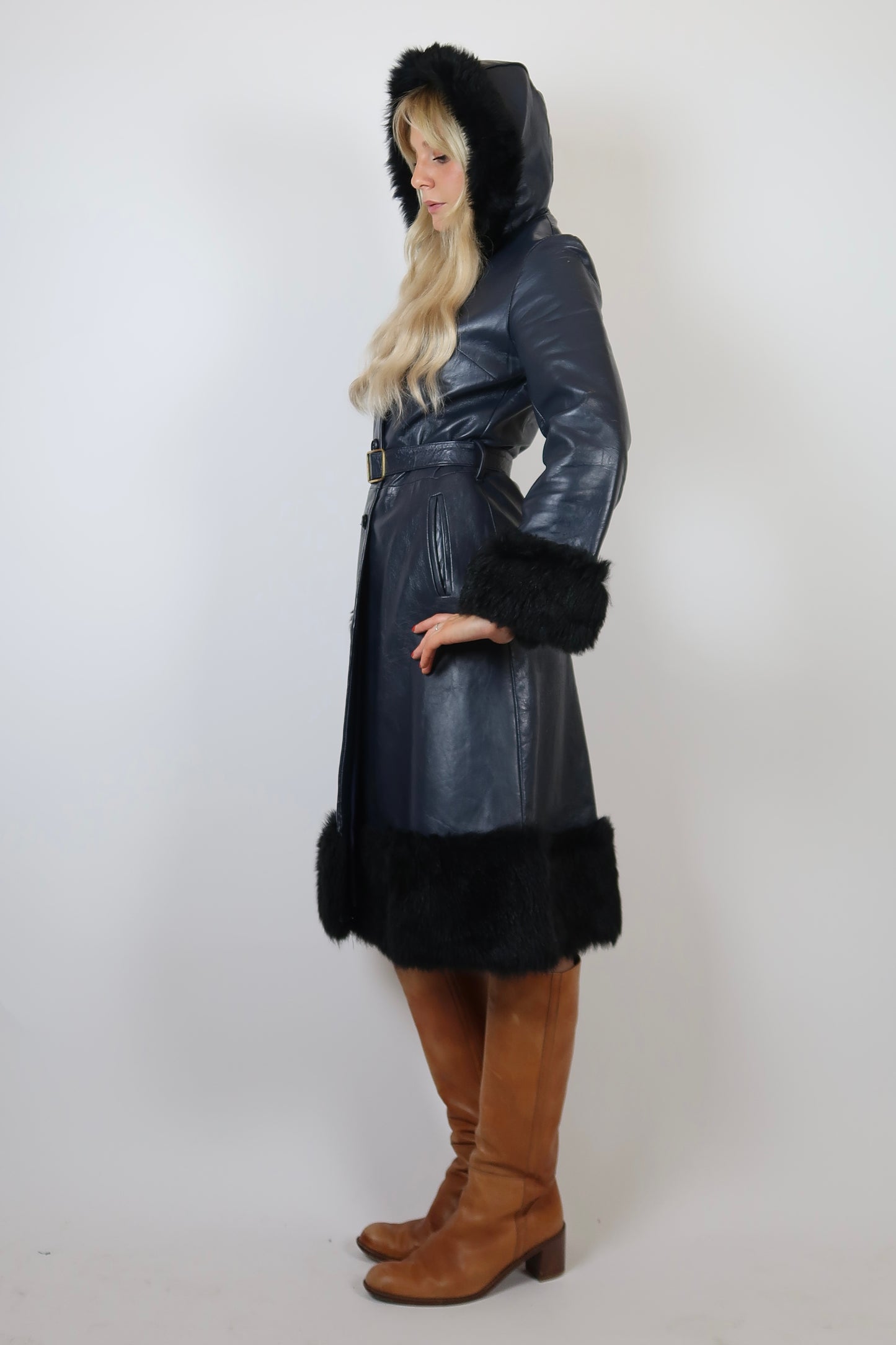 1960s blue leather hooded coat