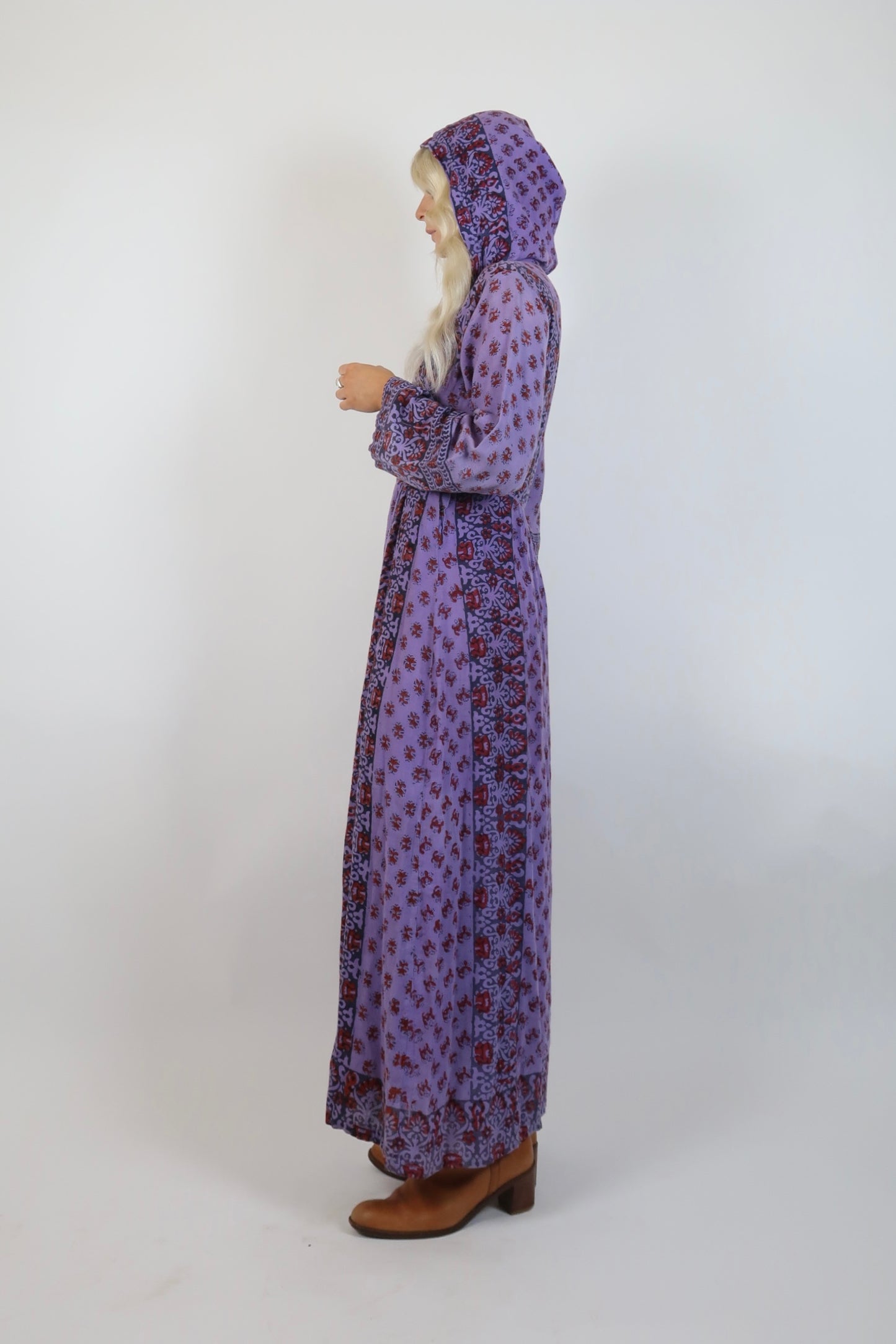 Late 1960s Indian block print hooded dress