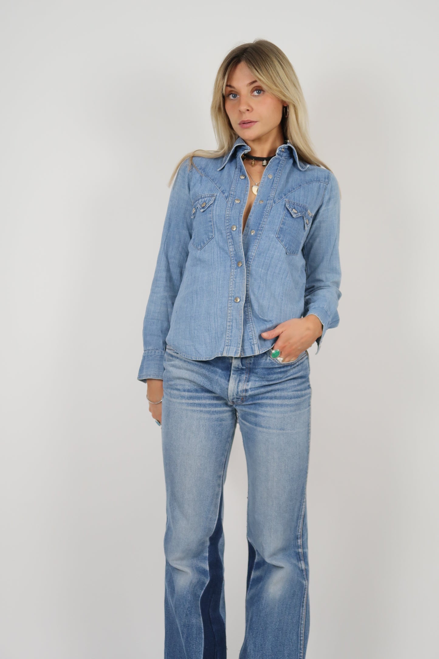 1970s Gul and Bla pearl snap denim shirt