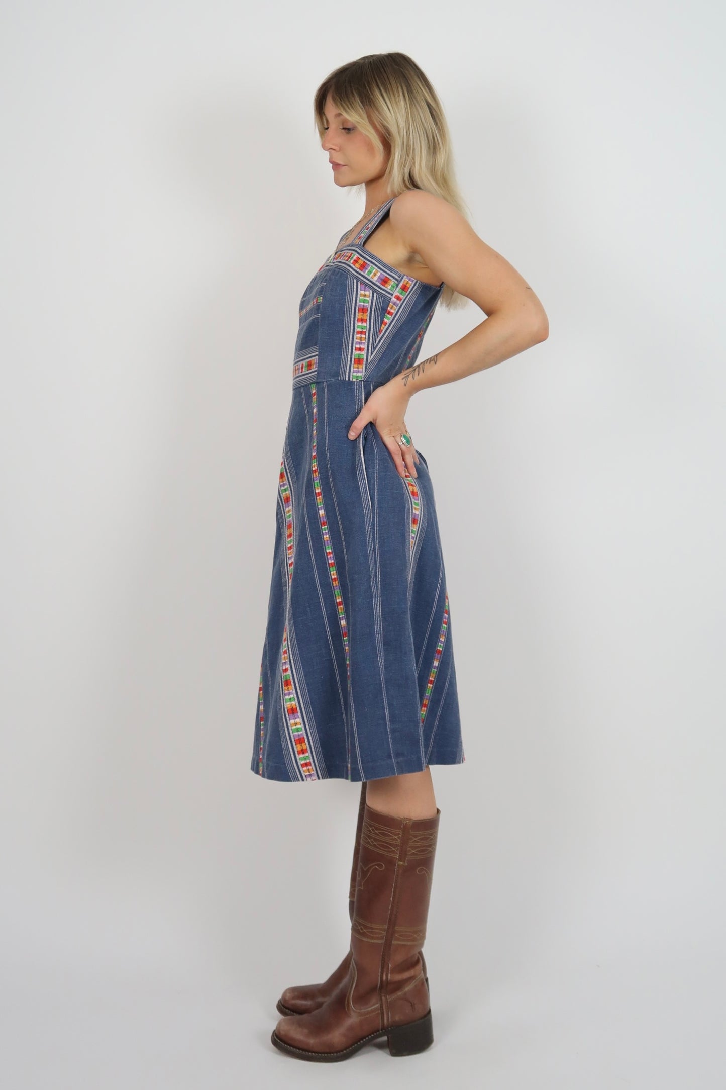 1970s rainbow denim style dress