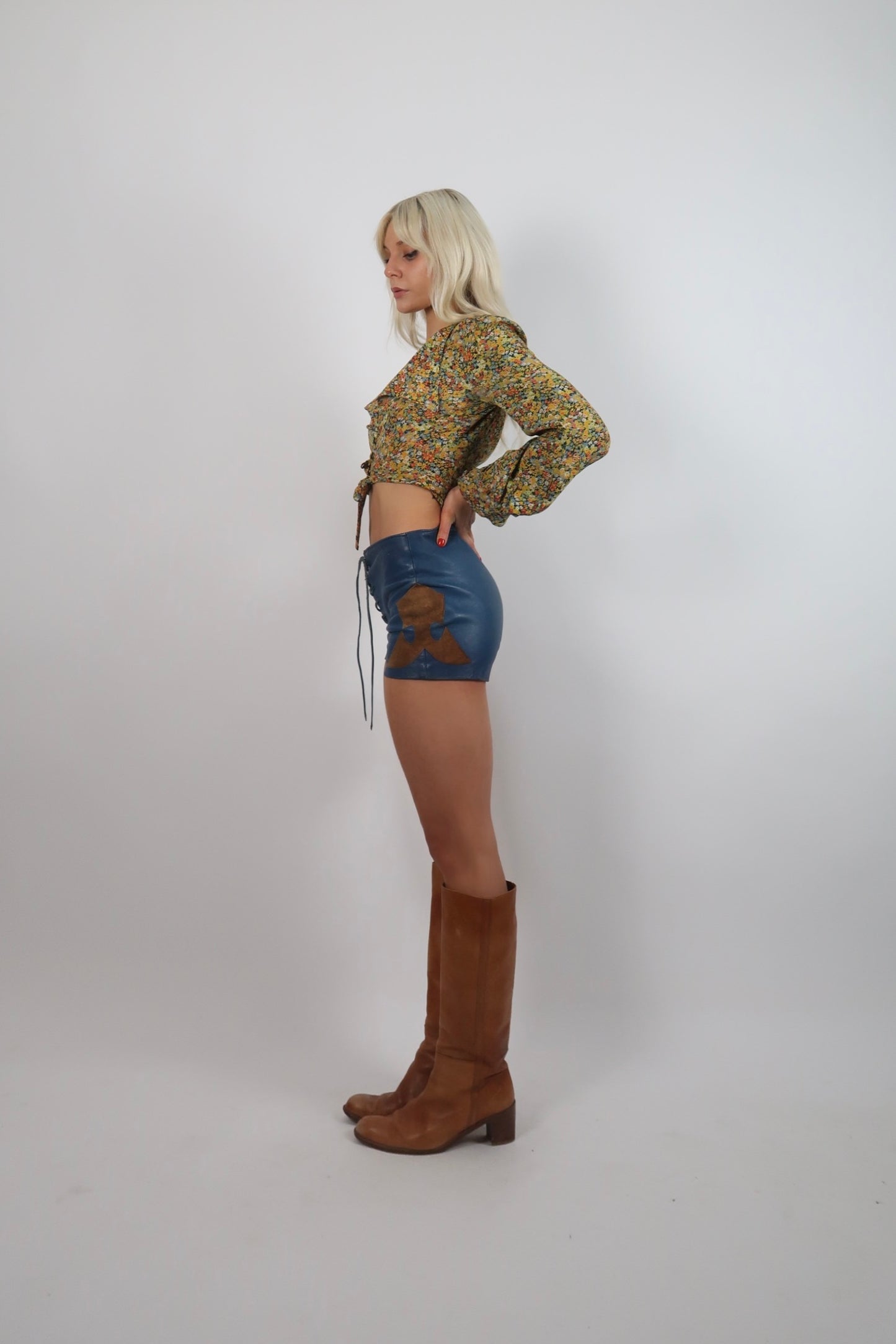 1970s blue leather hot pant shorts
