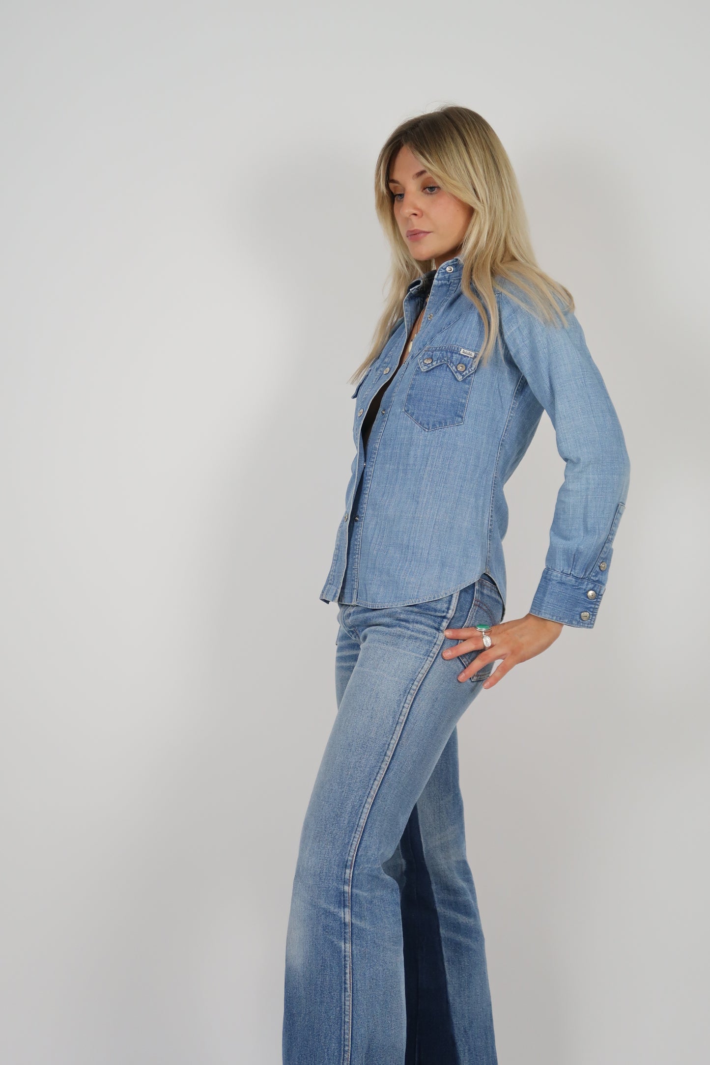 1970s Gul and Bla pearl snap denim shirt