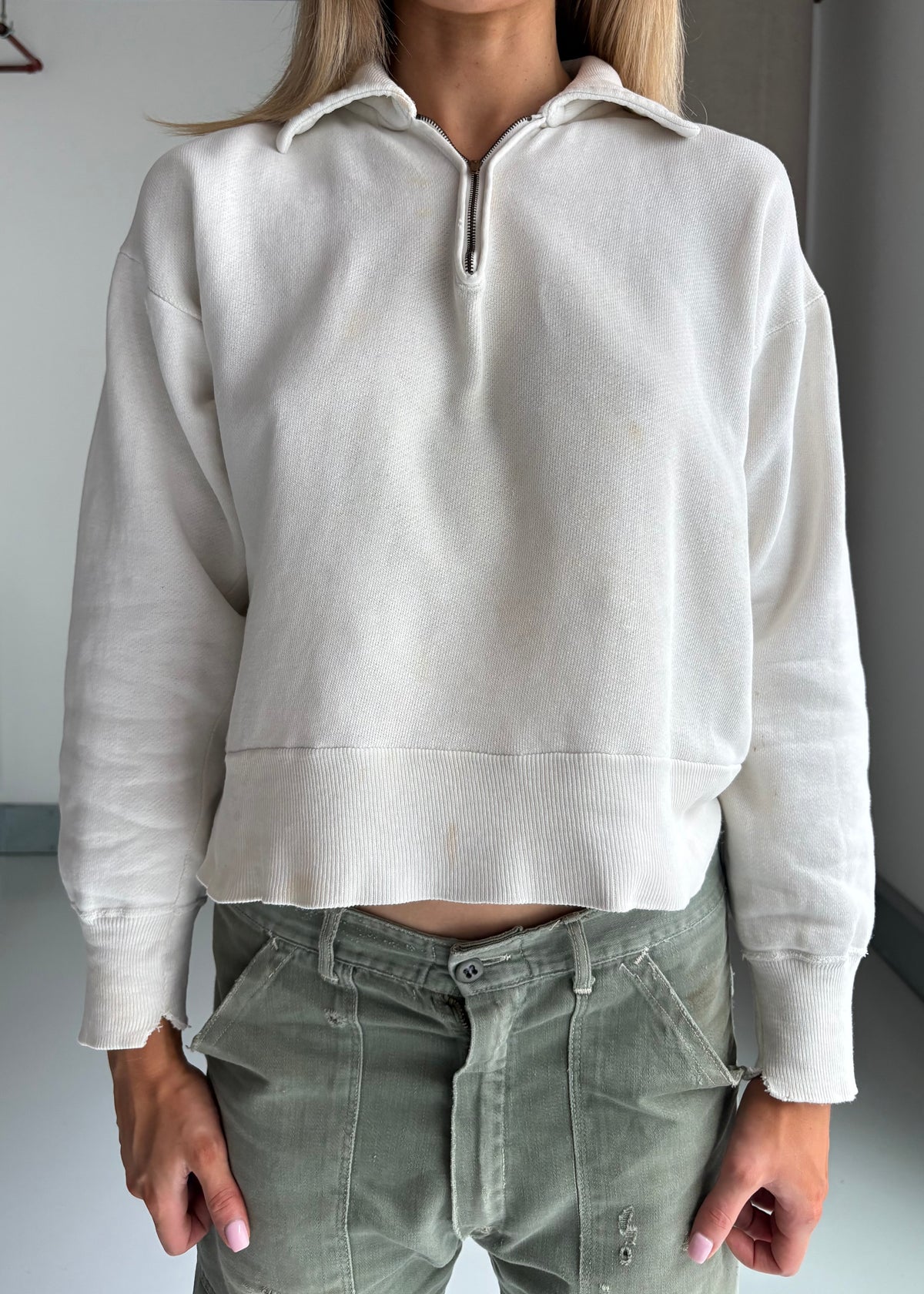1950s white zip up sweat