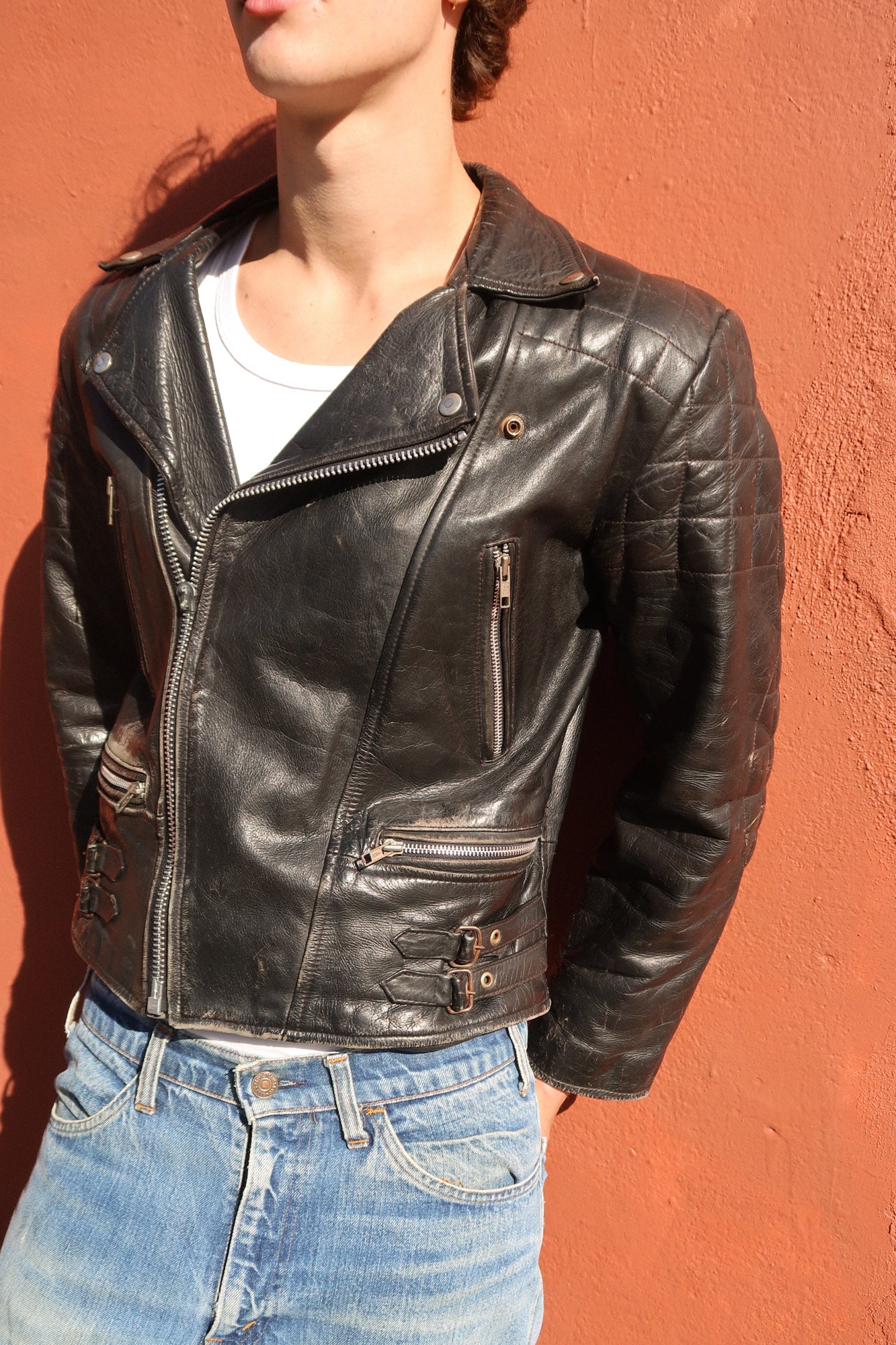 1980s thrashed biker jacket