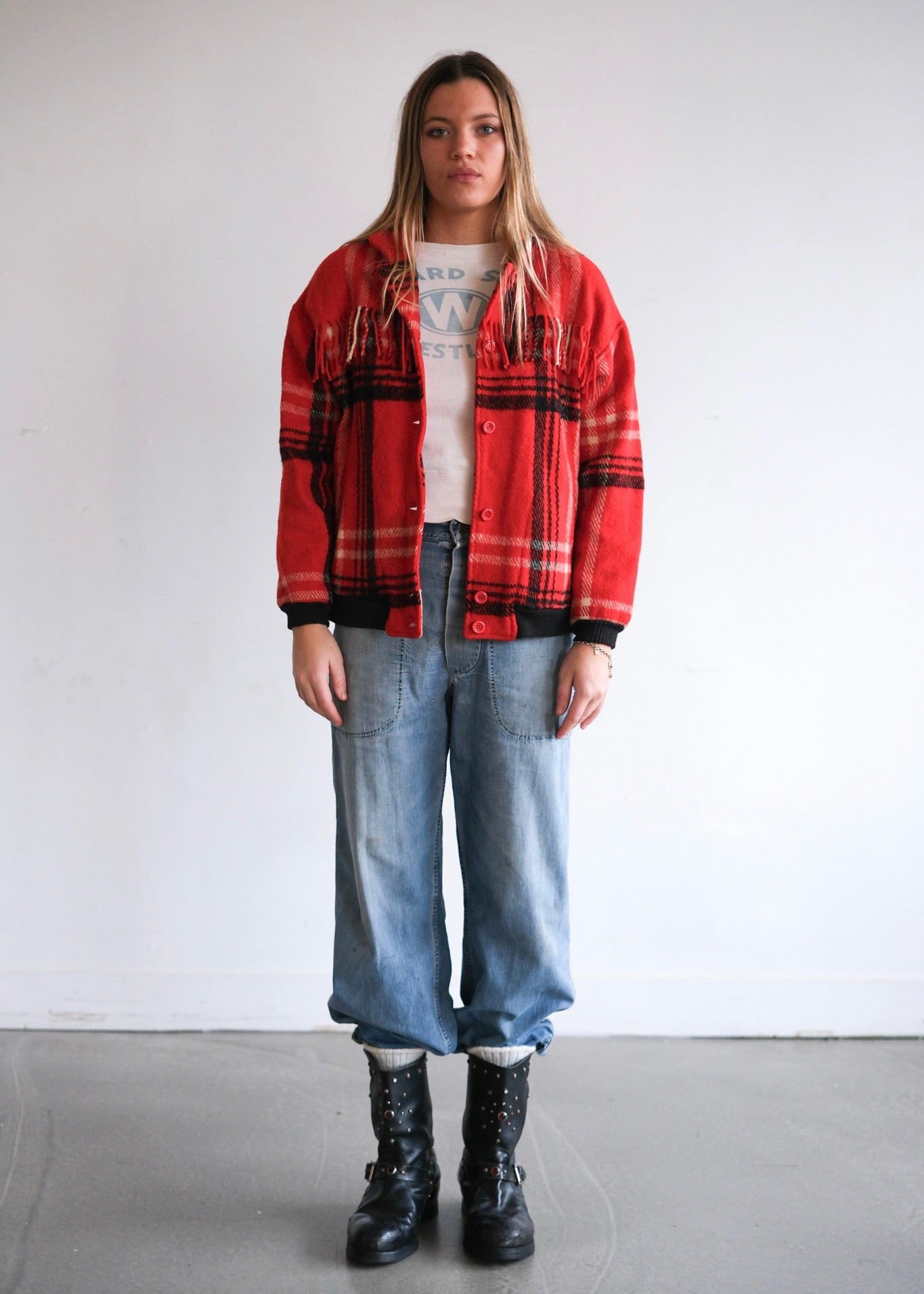 Plaid fringe bomber