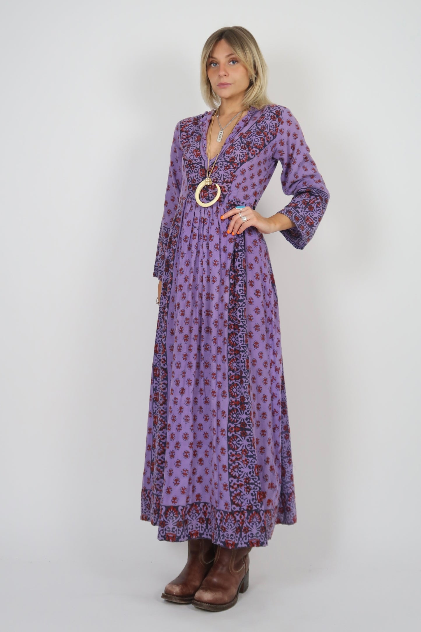 1960s hippie hooded kaftan dress purple