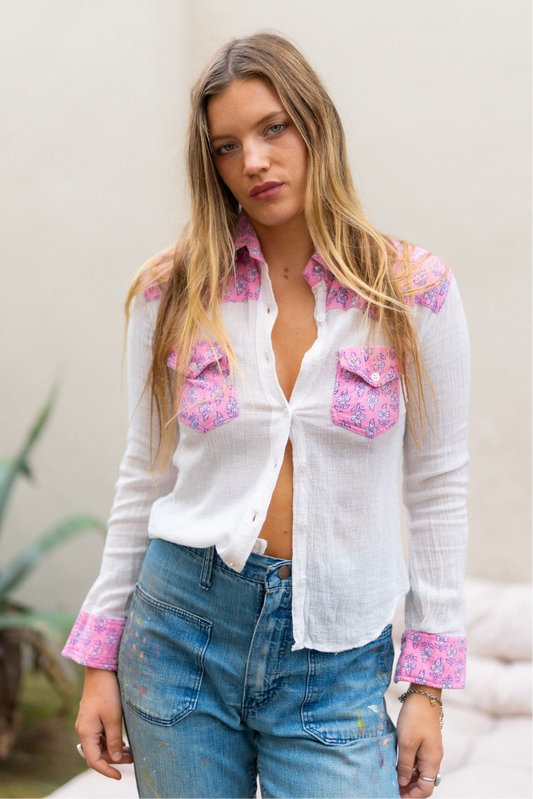 PINK BLOCK PRINT CHEESECLOTH SHIRT