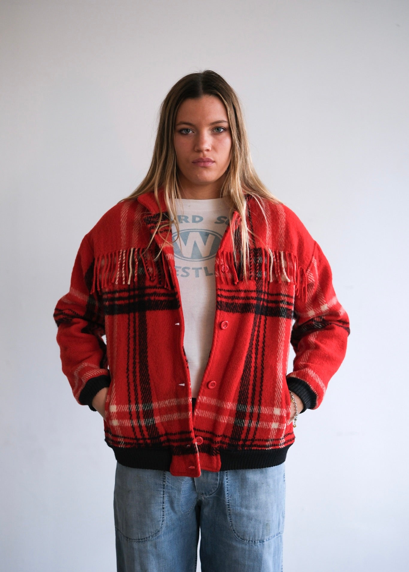 Plaid fringe bomber