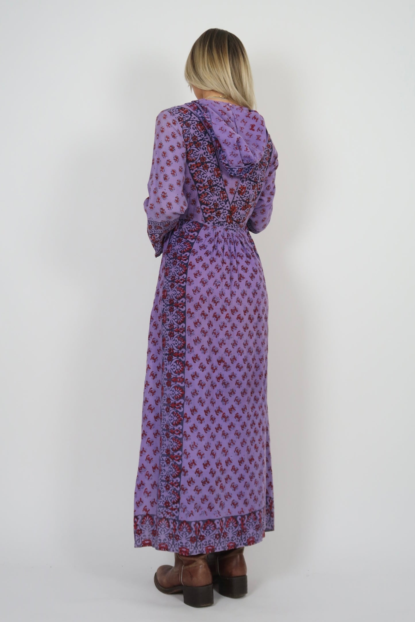1960s hippie hooded kaftan dress purple