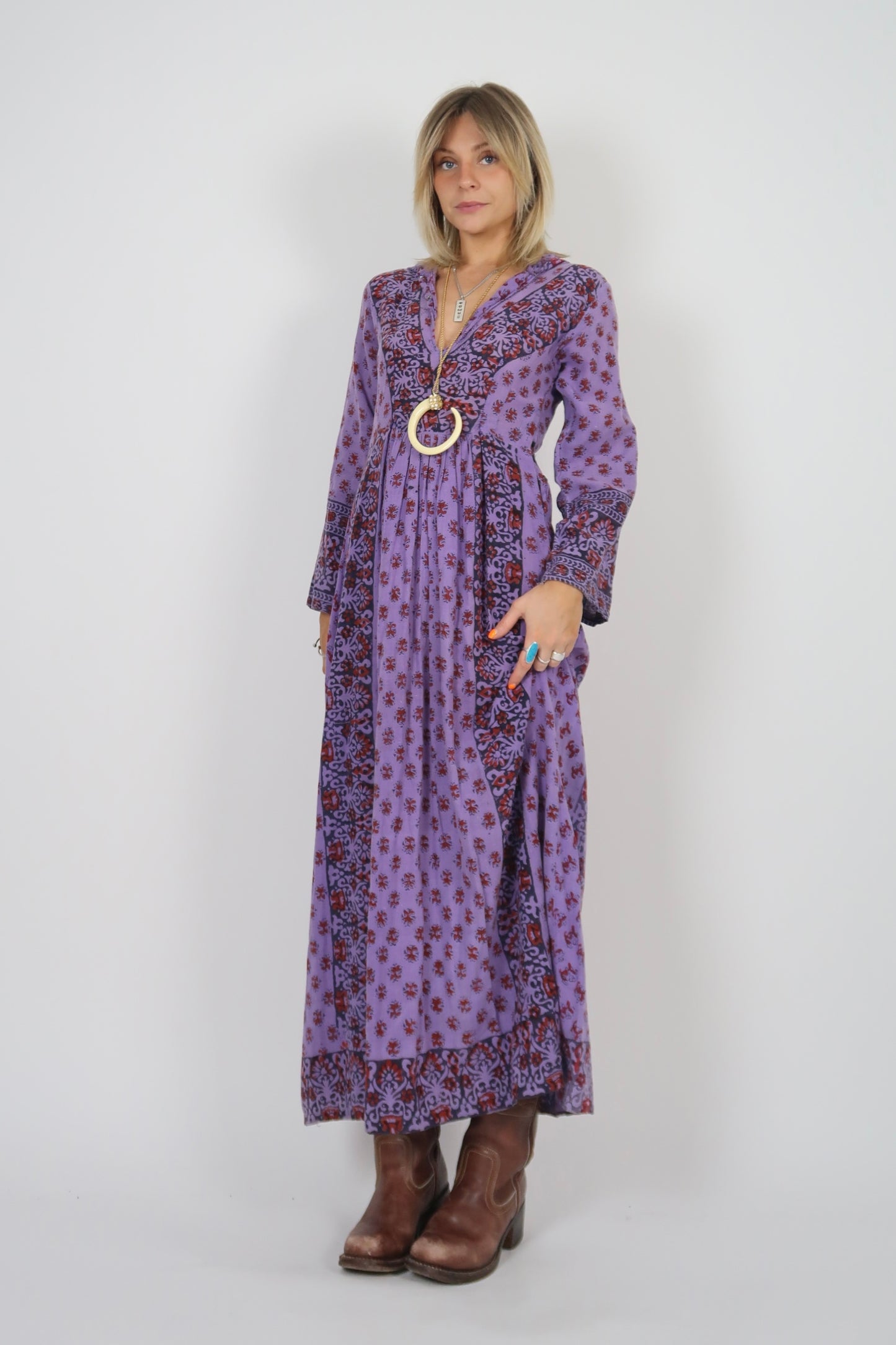 1960s hippie hooded kaftan dress purple