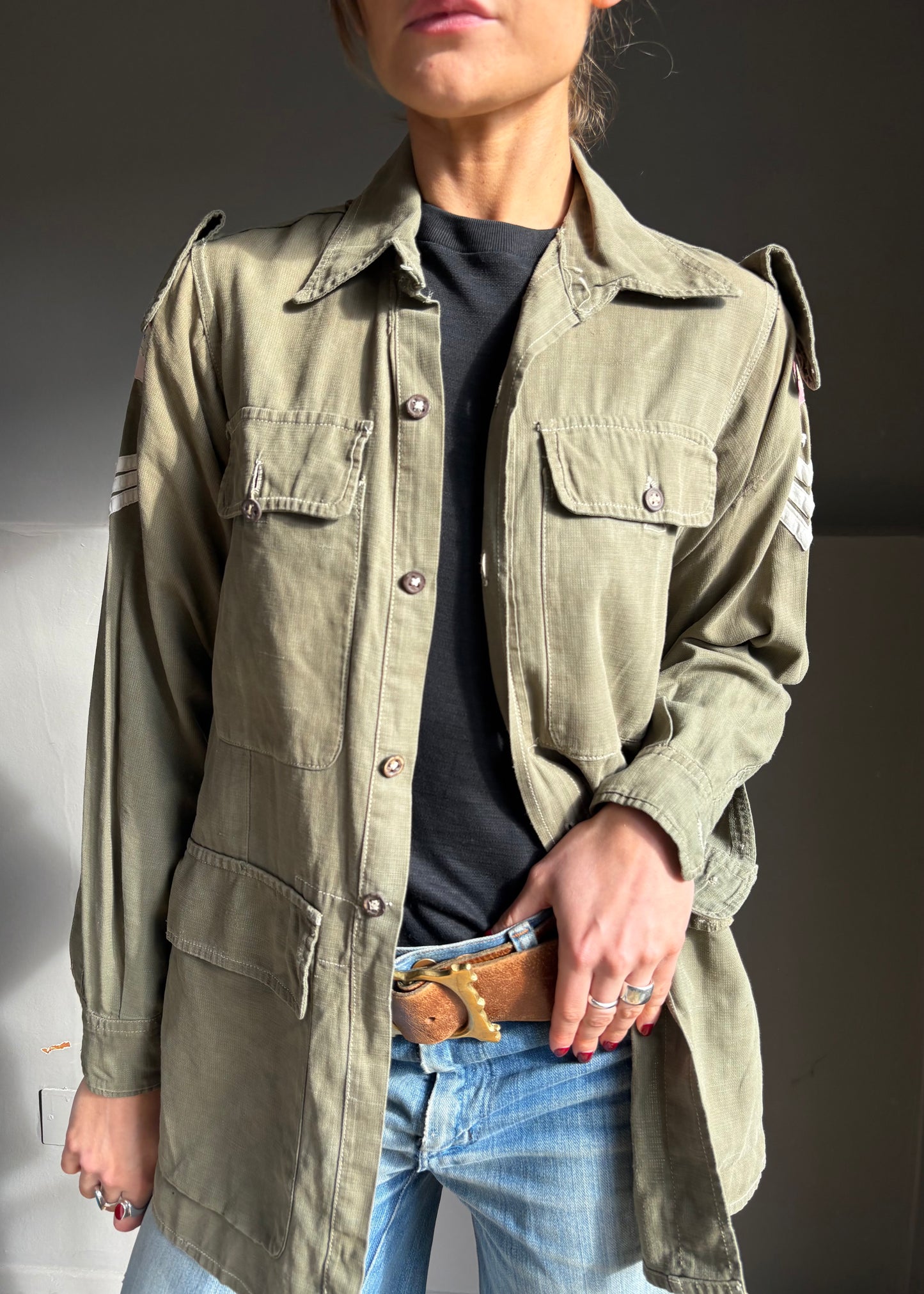 Army shirt with pink Hong Kong patches